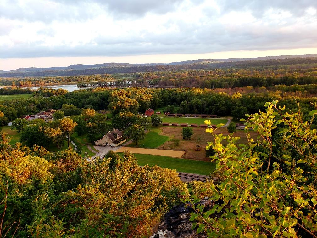 An aerial shot of Stonefield in the fall